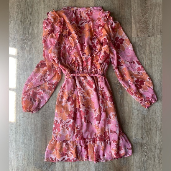 LC Lauren Conrad Pink Orange Floral Ruffle Belted Mini Dress Size S garden party - Picture 4 of 4